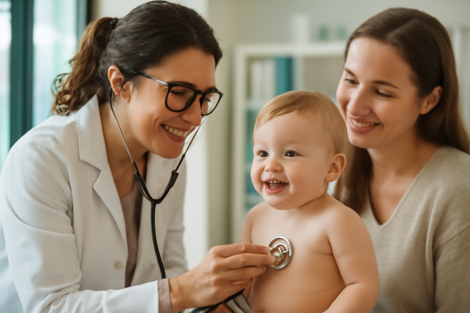 Pediatra che visita un bambino con la mamma presente